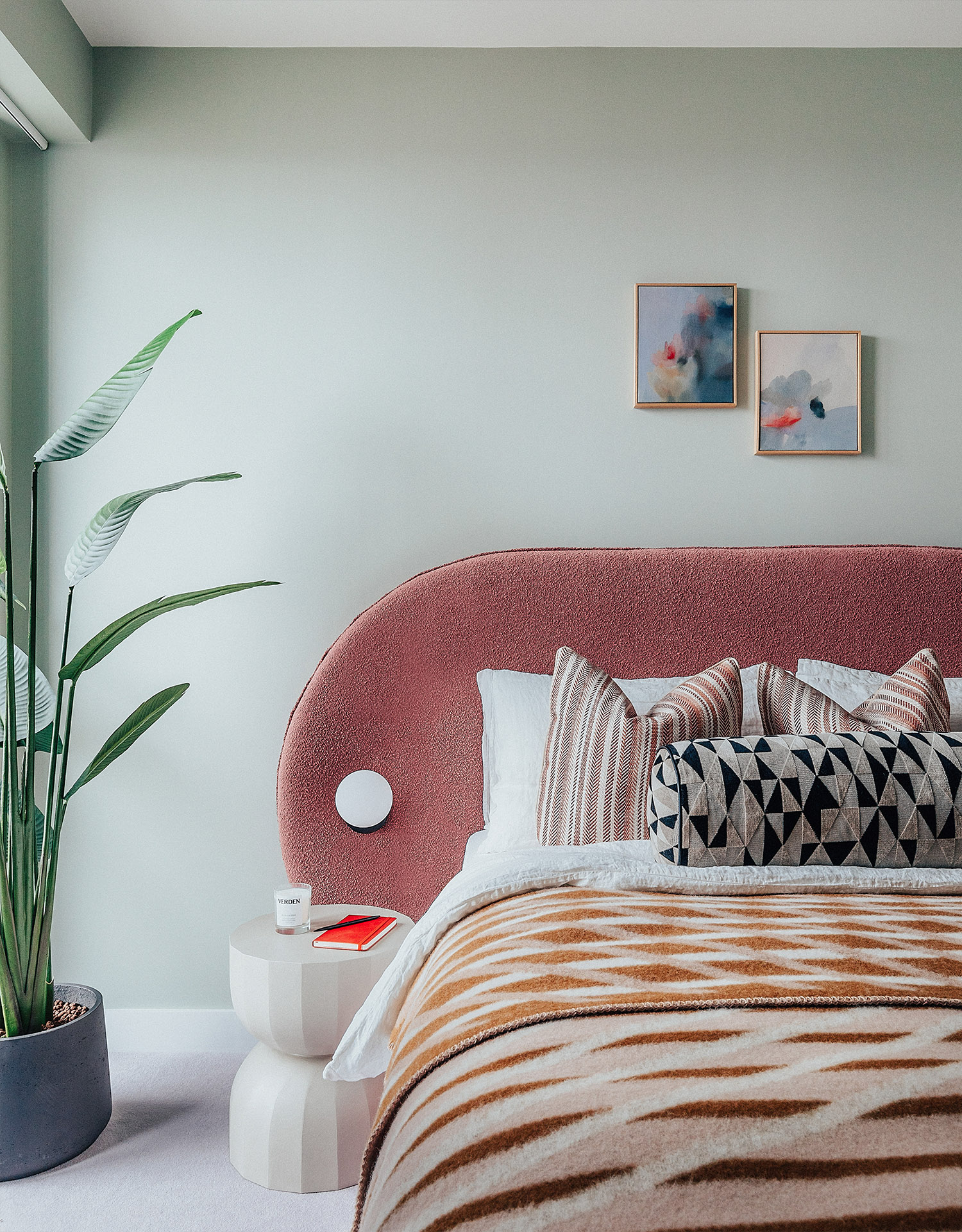 River Park Tower | Bespoke headboard with colourful textured bedding | Angel O'Donnell | Nine Elms