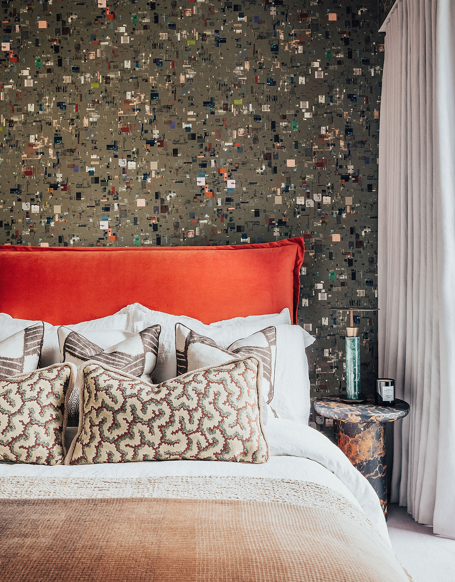 River Park Tower | Bespoke headboard with colourful textured bedding | Angel O'Donnell | Nine Elms