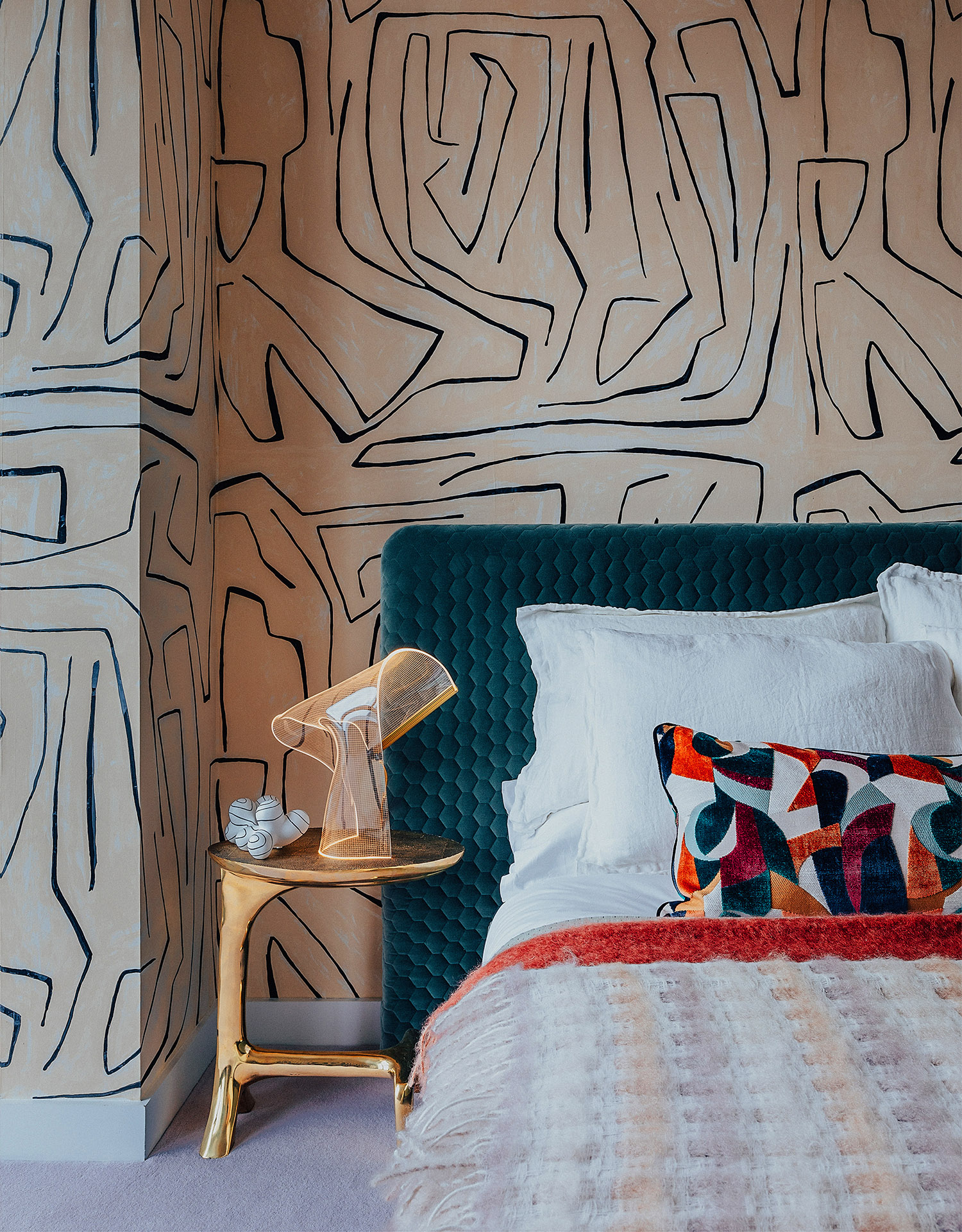 River Park Tower | Patterned wallpaper and textured colourful bedding | Angel O'Donnell | Nine Elms