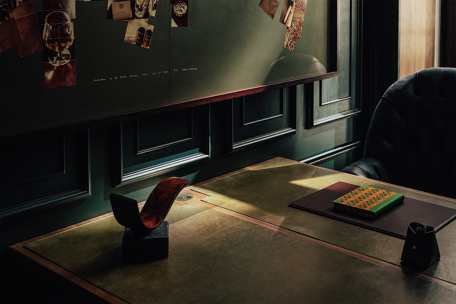 OWO Residences 3 | A dark and luxurious study with floor to ceiling wood panelling | Whitehall